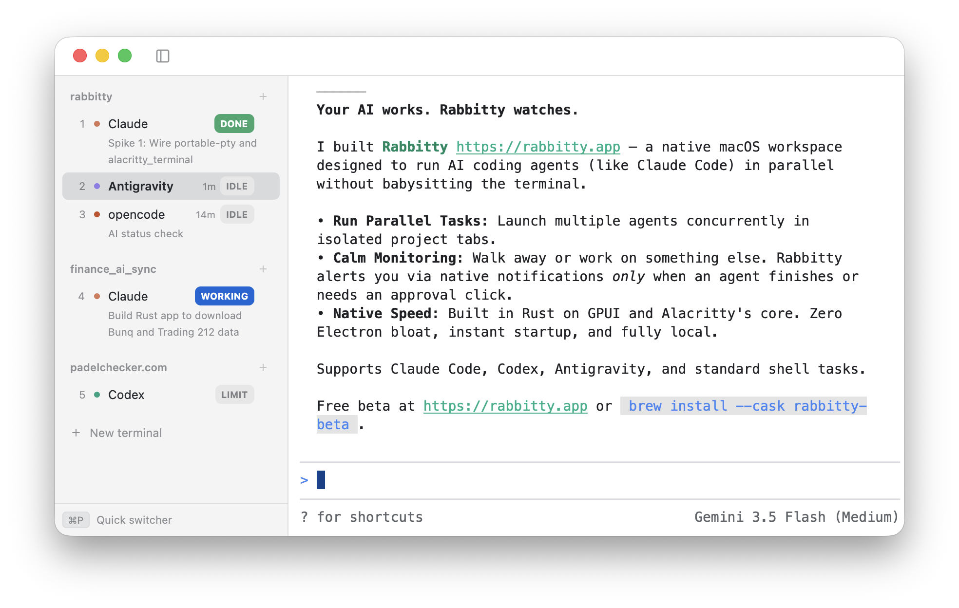 Rabbitty on macOS: a sidebar of AI coding agents showing Done, Idle, Working and Limit status next to a terminal.
